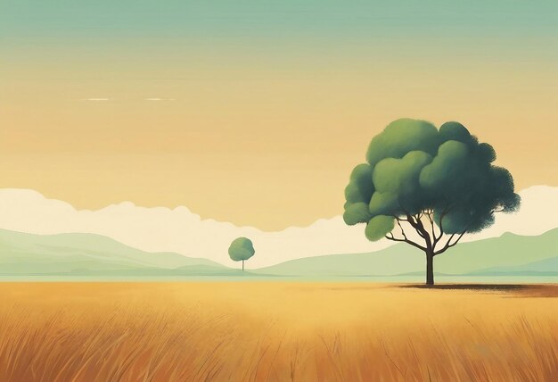 Paisagem minimalista com uma única árvore vector de pintura vintage minimalista surrealista