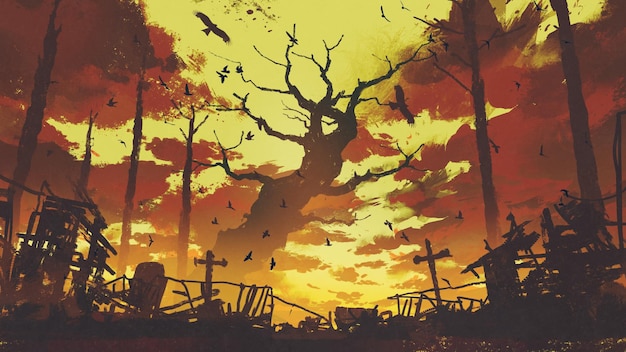 paisagem misteriosa mostrando grandes árvores nuas com pássaros voando no céu do pôr do sol, estilo de arte digital, pintura de ilustração