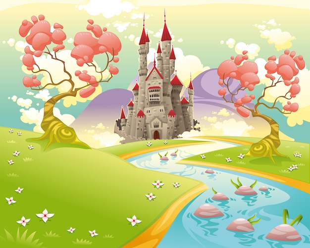 Paisagem mitológica com castelo medieval
