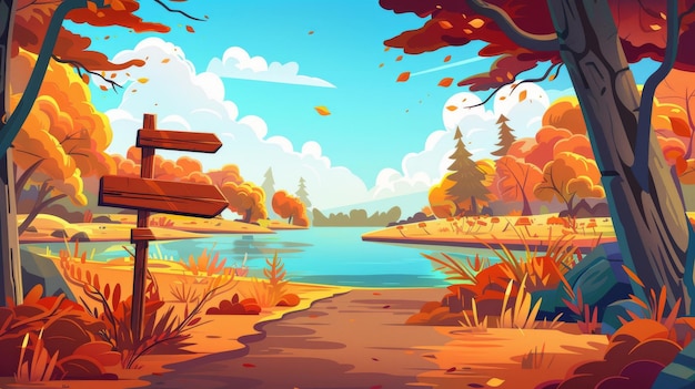 Paisagem moderna animada de folhas laranjas e castanhas em árvores caminho de solo com flecha de madeira para o lago com sol de outono e florestas na costa