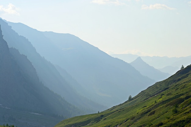 Paisagem montanha silhueta verde vale com névoa e nevoeiro nos Alpes