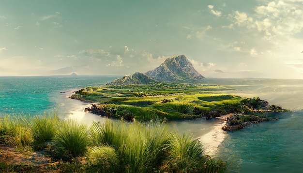 Paisagem montanhosa à beira-mar uma ilha com colinas verdes e montanhas no horizonte ilustração 3d