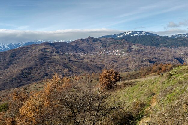 Paisagem montanhosa As vistas panorâmicas das montanhas e árvores com folhas amarelas Grécia Épiro