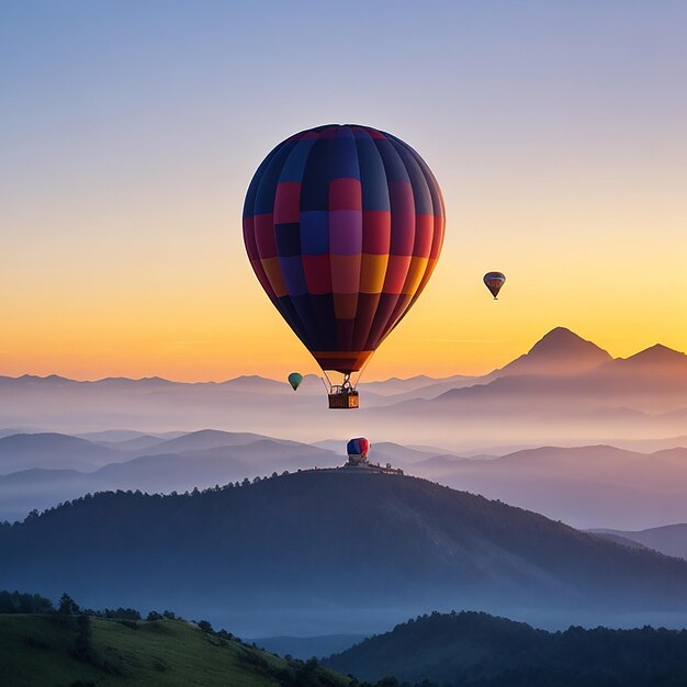 Paisagem montanhosa com balão de ar quente ao amanhecer gerada por IA