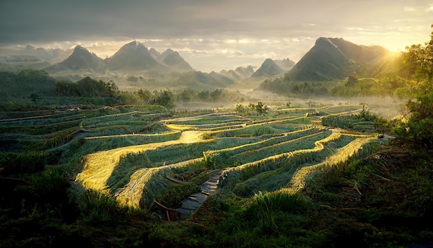 Paisagem montanhosa com campos verdes ao amanhecer