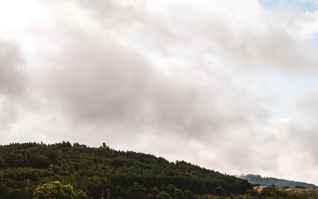 Paisagem montanhosa com floresta verde e céu cinza em um dia nublado e chuvoso de outono