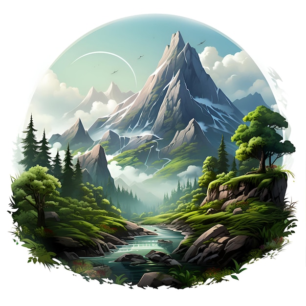 Paisagem montanhosa com lago e floresta na ilustração vetorial círculo