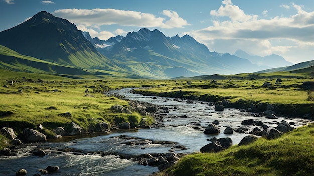 paisagem montanhosa com montanhas e rio ao fundo