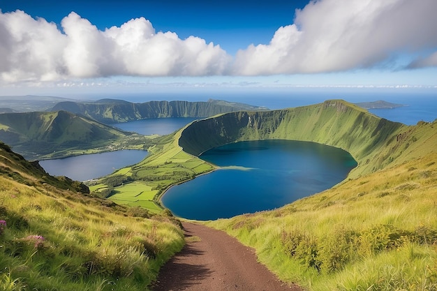 Paisagem montanhosa com trilha para caminhadas e vista de belos lagos Ponta Delgada Ilha de São Miguel Açores Portugal