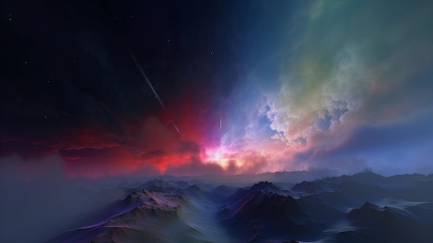 paisagem montanhosa com um céu azul e um céu vermelho e azul com um meteoro à distância