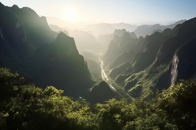 Paisagem montanhosa com um rio na luz da manhã China