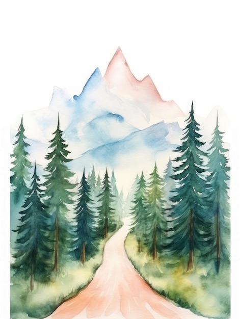 Foto paisagem montanhosa de aquarela com estrada e floresta de coníferas ilustração desenhada à mão ia generativa
