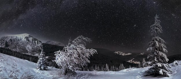 Foto paisagem montanhosa de inverno noturno ao luar da lua cheia