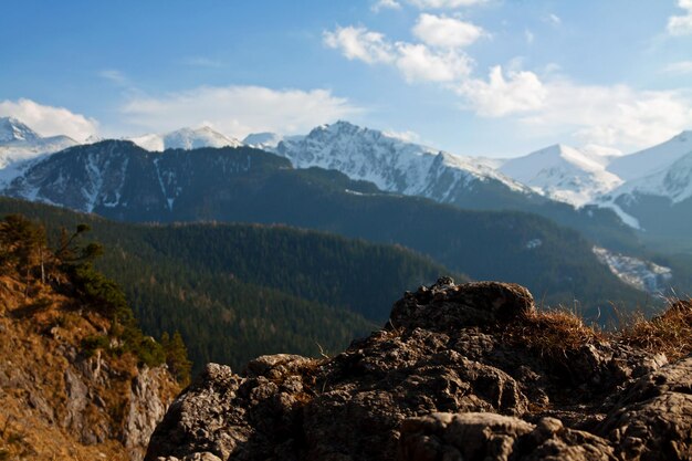 Paisagem montanhosa de neve com rocha