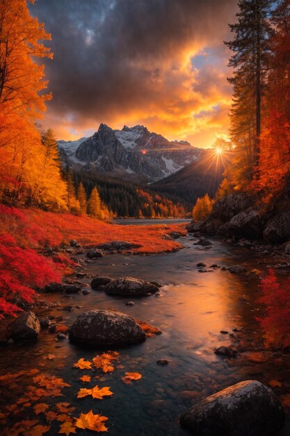 Paisagem montanhosa de outono com floresta colorida e rio de montanha ao pôr do sol