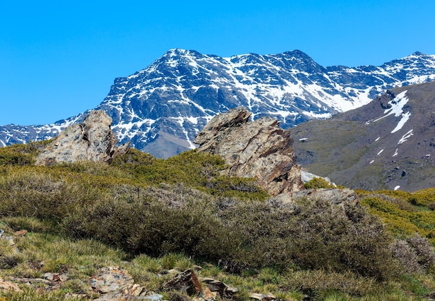 Paisagem montanhosa de verão com neve na encosta do parque nacional sierra nevada perto de granada espanha
