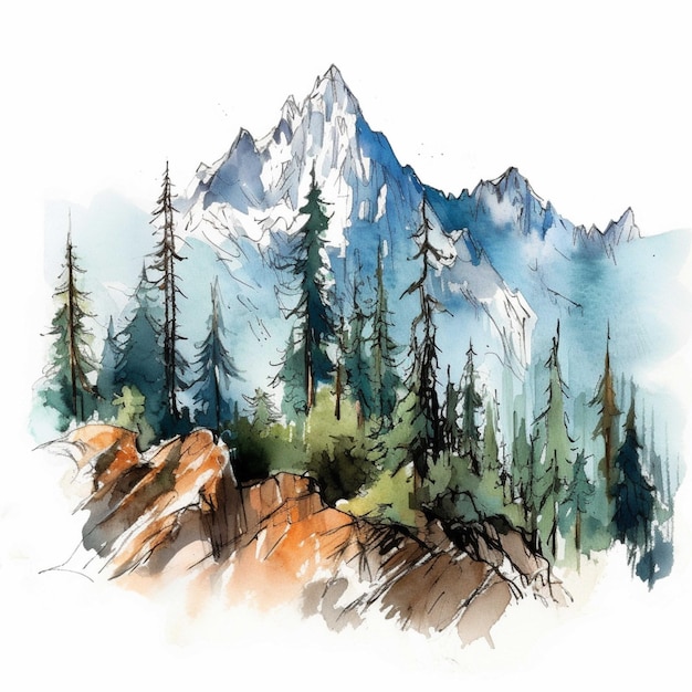 Paisagem montanhosa em aquarela com floresta de coníferas ilustração desenhada à mão