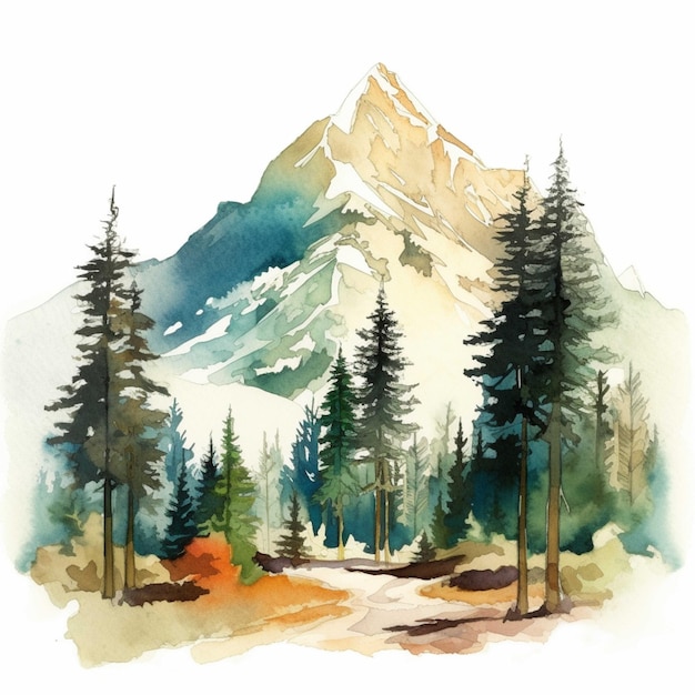 Paisagem montanhosa em aquarela com floresta de coníferas ilustração desenhada à mão