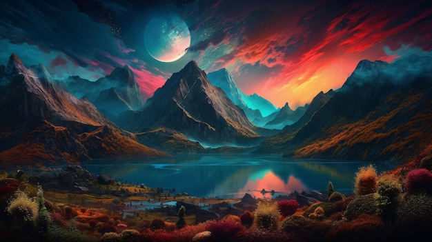 Foto paisagem montanhosa épica com lago em arte digital 4k e 8k deslumbrante cenário de fantasia com esquema de cores jessica rossier