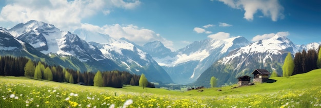 Paisagem montanhosa idílica nos Alpes com prados floridos na primavera