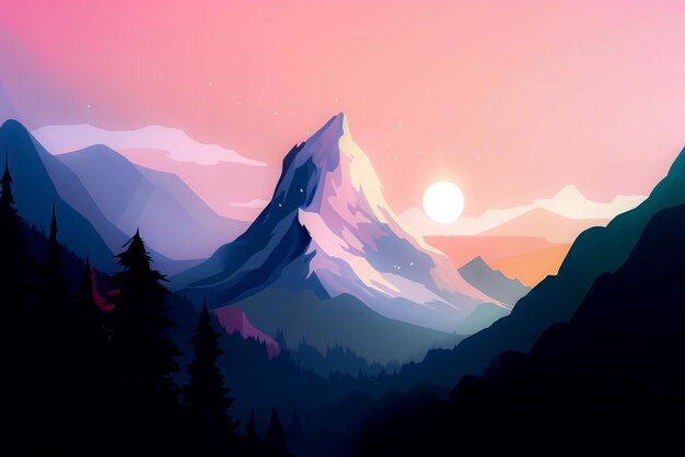 Paisagem montanhosa na ilustração do pôr do sol em um estilo simples IA generativa