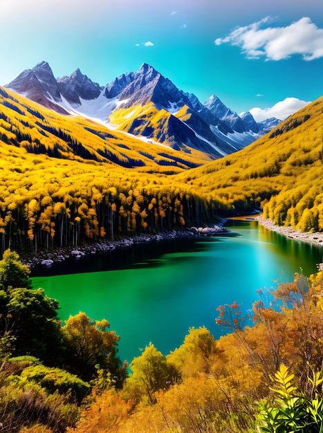 Foto paisagem montanhosa retratada usando linhas de tinta dourada tropical em um estilo papercut com cores inspiradas na paleta pantones generative ai generated