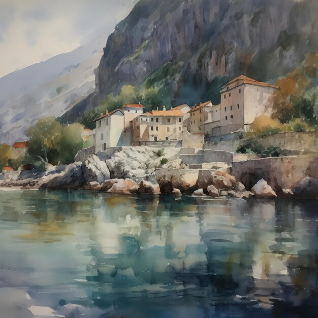 Paisagem montenegrina em estilo aquarela por Generative AI