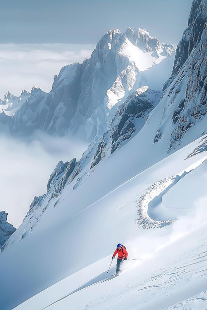 Foto paisagem mostrando um maciço coberto de neve com esquiadores descendo trilhas que incorporam aventura e emoção