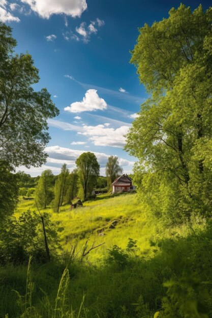 Paisagem na suécia com céu azul e árvores verdes criadas com generative ai