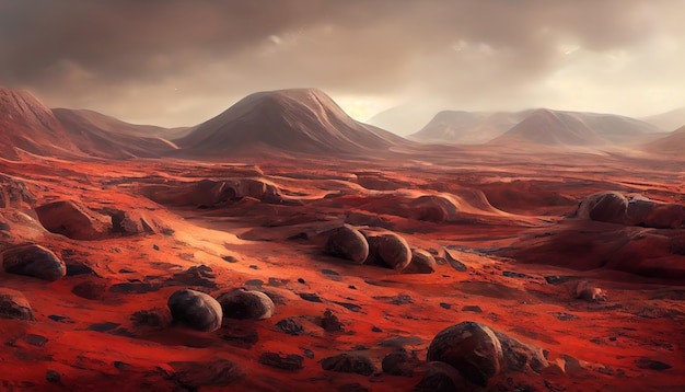 Foto paisagem na superfície do planeta marte é um deserto pitoresco no planeta vermelho fundo do cartaz da capa do jogo espacial com estrelas de montanhas vermelhas da terra arte 3d