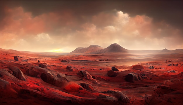 Paisagem na superfície do planeta Marte é um deserto pitoresco no planeta vermelho Fundo do cartaz da capa do jogo espacial com estrelas de montanhas vermelhas da terra arte 3d
