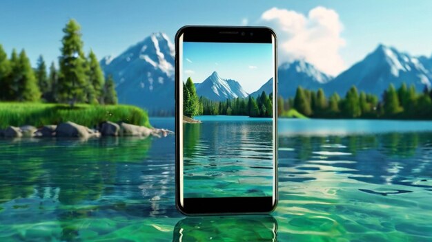 Foto paisagem natural 3d com lago e montanhas ilha verde água azul na tela do smartphone