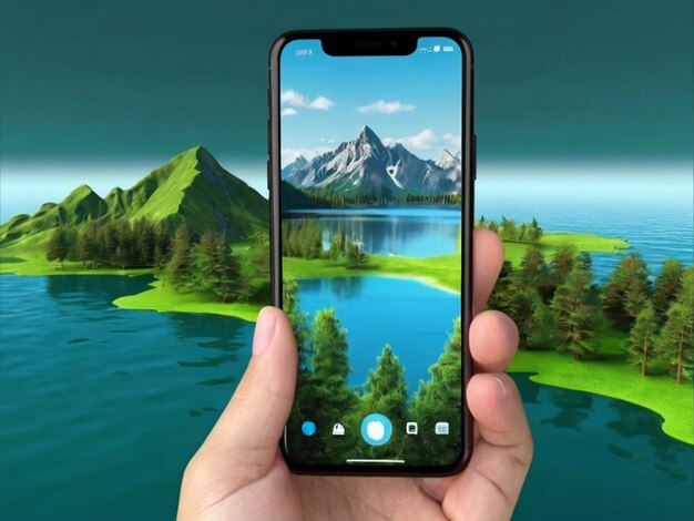 Foto paisagem natural 3d com lago e montanhas ilha verde água azul na tela do smartphone