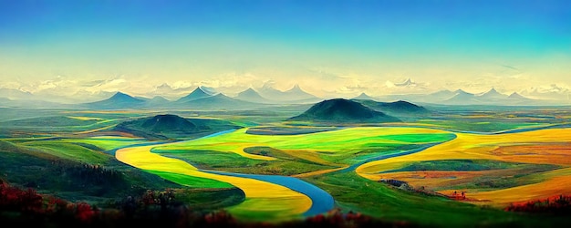 Paisagem natural colorida ilustração brilhante Montanhas prados campos céu rios em um dia ensolarado