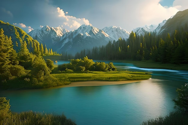 paisagem natural com árvores ao redor de um rio e montanhas ao fundo