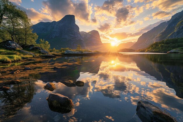 Foto paisagem natural com nascer do sol e rio