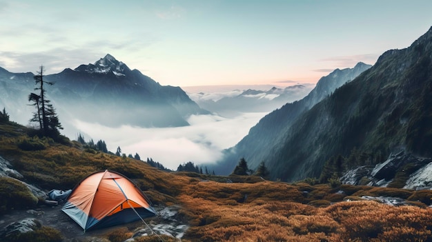 Paisagem natural com nevoeiro, paisagem confortável para mochila e acampamento
