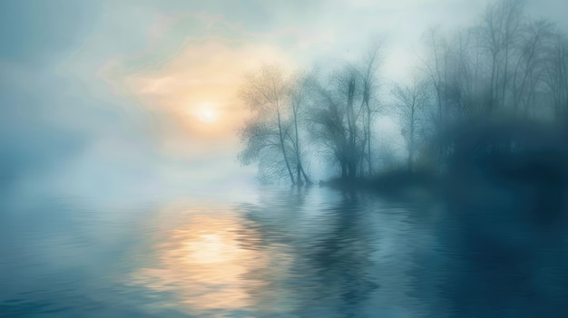 Foto paisagem natural com sol borroso do lago refletindo em árvores de água em fundo aig