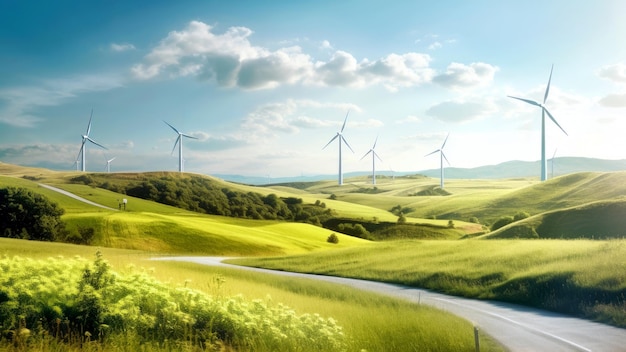 Paisagem natural com turbinas eólicas Fazenda em campo gramado contra o céu azul O conceito de ecologia recursos sustentáveis e energia renovável Banner Espaço de cópia