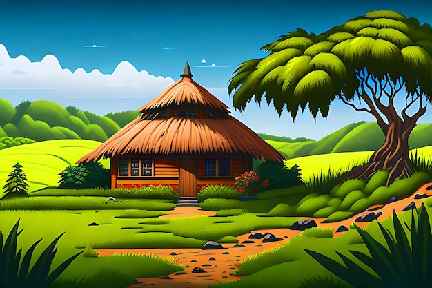 Paisagem natural com vegetação e casa estilo cabana