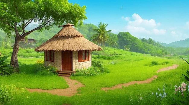 Paisagem natural com vegetação e casa estilo cabana