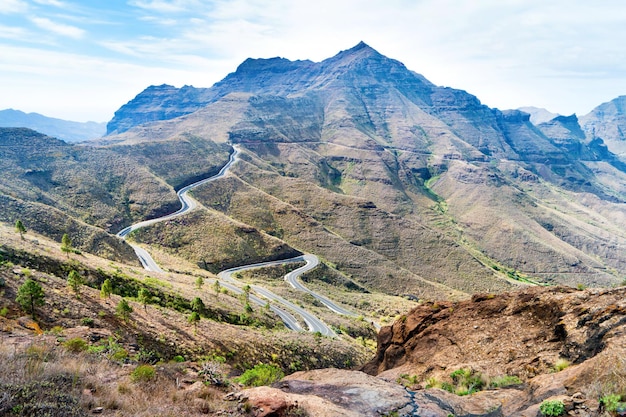 Paisagem natural das Ilhas Canárias com cordilheira, colinas verdes e estradas sinuosas