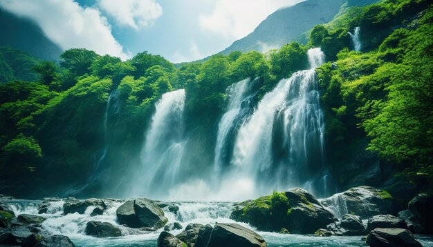 Paisagem natural de cachoeiras e montanhas