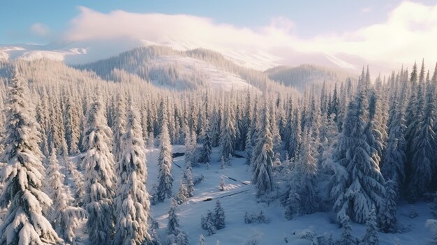 Paisagem natural de inverno vista aérea de drones O tempo da estação de inverno
