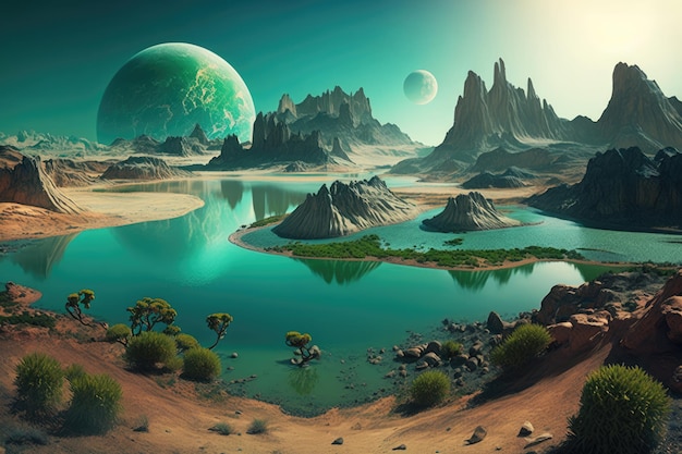 Paisagem natural de planeta exótico verde em exoplaneta AI