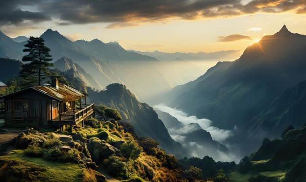 Paisagem natural de verão com vista para as montanhas em um dia nublado Foco suave seletivo