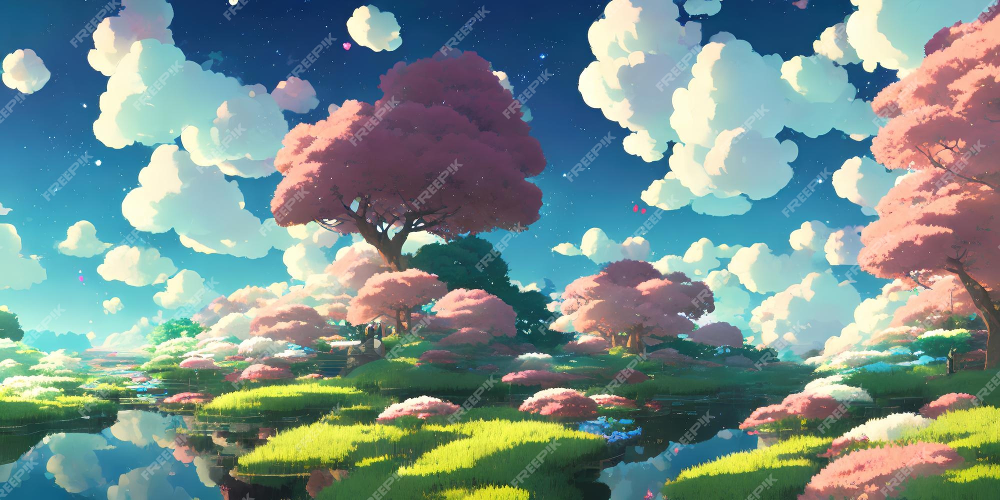 Paisagem natural do anime com céu brilhante e cores suculentas