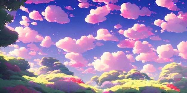 Paisagem natural do anime com céu brilhante e cores suculentas