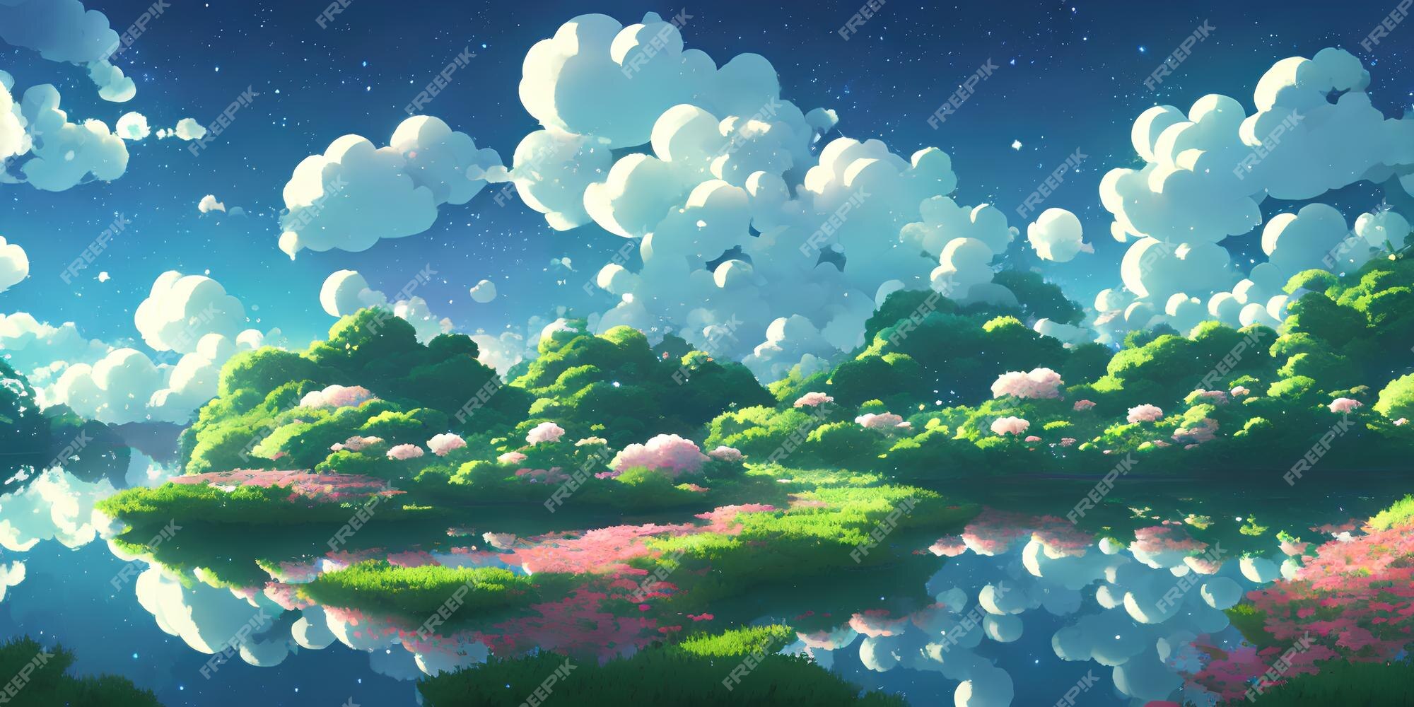 Paisagem natural do anime com céu brilhante e cores suculentas