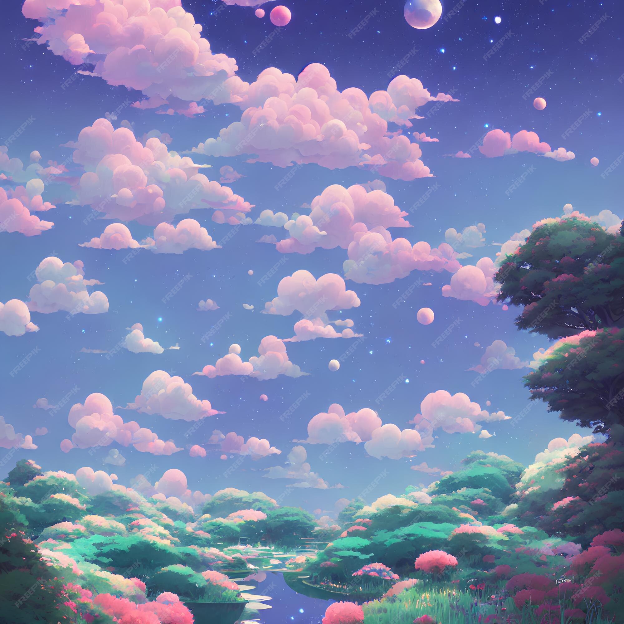 Paisagem natural do anime com céu brilhante e cores suculentas